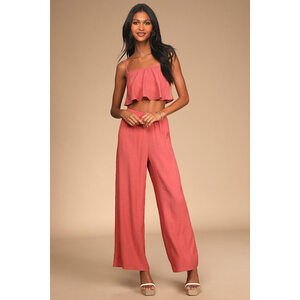 Lulus Just Want To Have Sun Coral Pink Wide-leg Two-piece Jumpsuit - Size M